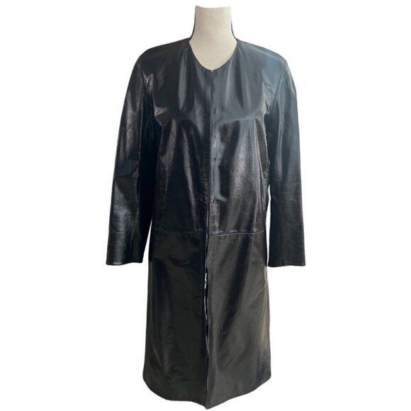 CHANEL black leather patent long lightweight jacket size 38